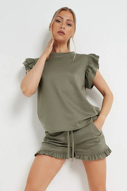 Trendy Ruffle Sleeve Loose Top & Drawstring Waist Shorts Co-ord