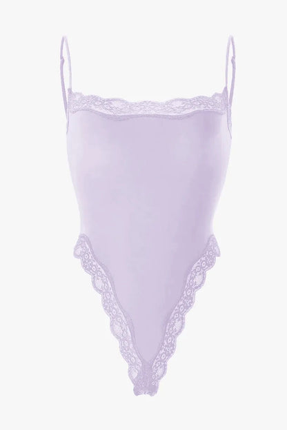 Sexy Solid Color Spaghetti Strap Lace Trim Stretch Bodysuit