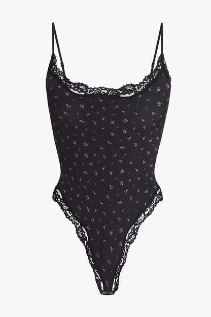 Sexy Solid Color Spaghetti Strap Lace Trim Stretch Bodysuit