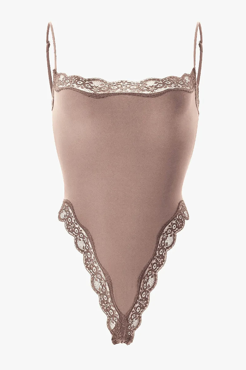 Sexy Solid Color Spaghetti Strap Lace Trim Stretch Bodysuit