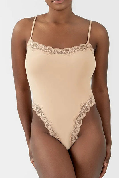 Sexy Solid Color Spaghetti Strap Lace Trim Stretch Bodysuit