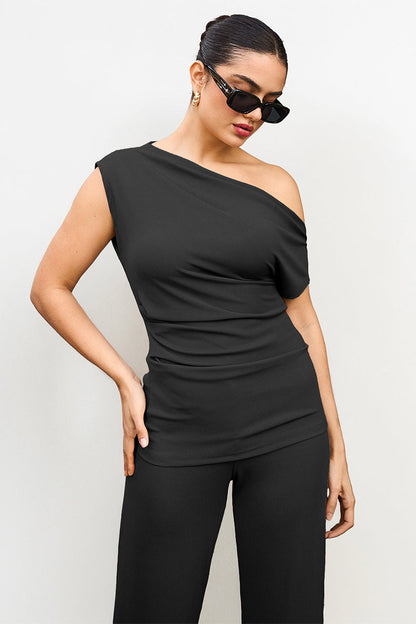 Leisure Solid Sloping-Shoulder Slim Top & Wide-Leg Trousers Co-ord
