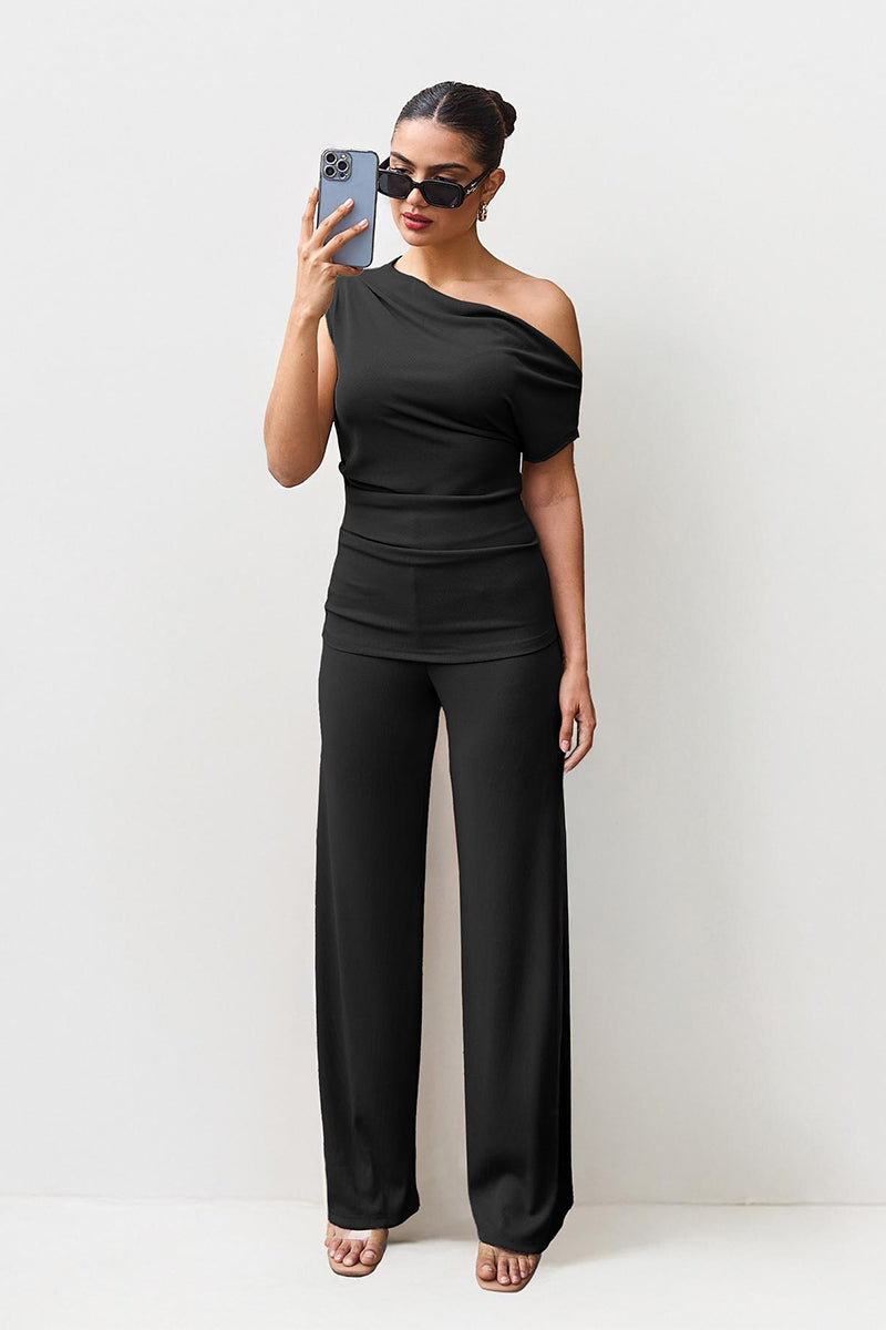 Leisure Solid Sloping-Shoulder Slim Top & Wide-Leg Trousers Co-ord