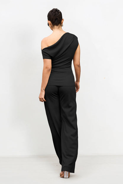 Leisure Solid Sloping-Shoulder Slim Top & Wide-Leg Trousers Co-ord