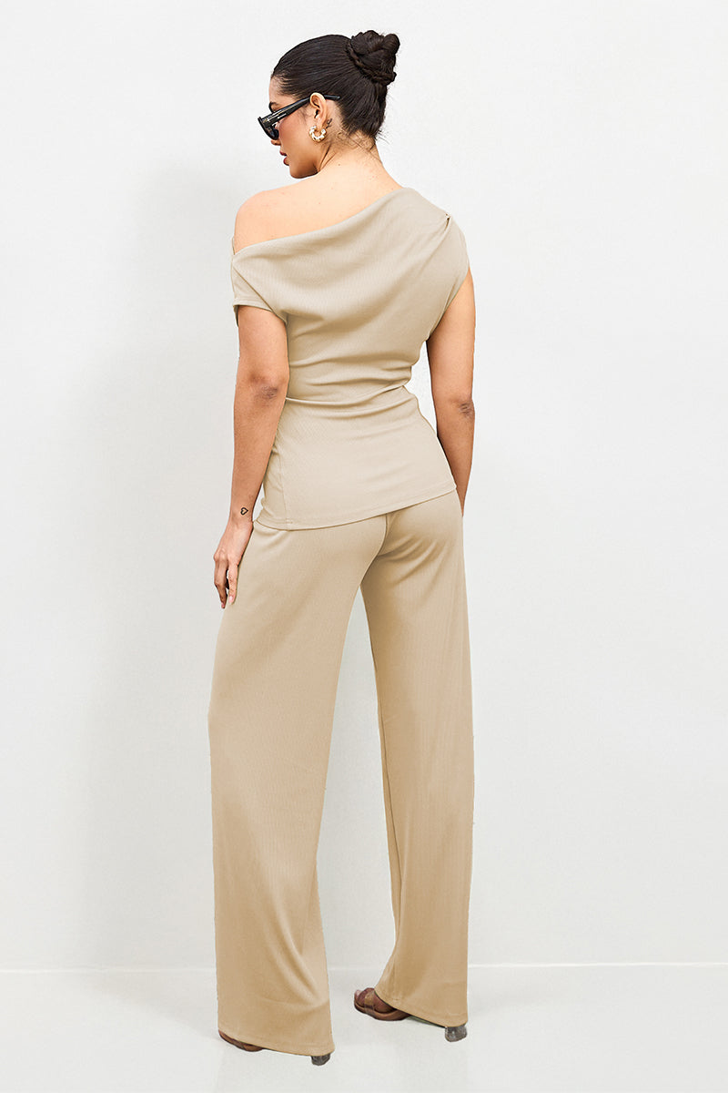 Leisure Solid Sloping-Shoulder Slim Top & Wide-Leg Trousers Co-ord