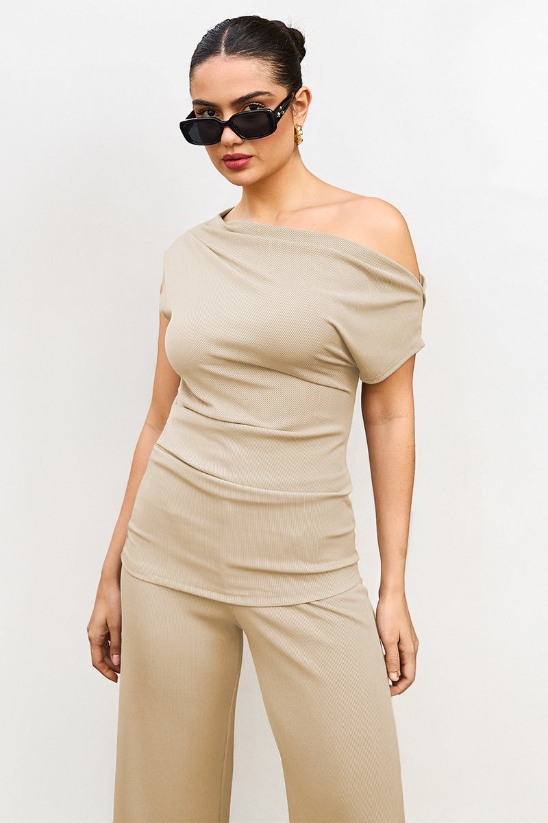 Leisure Solid Sloping-Shoulder Slim Top & Wide-Leg Trousers Co-ord