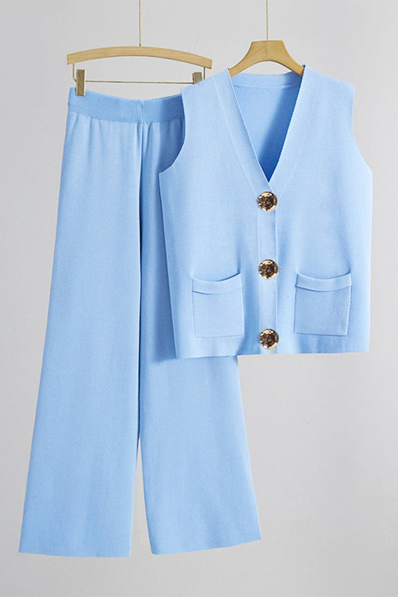 Minimalist Solid V-Neck Button Tank Top & Wide-Leg Trousers Co-ord