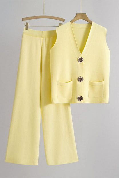 Minimalist Solid V-Neck Button Tank Top & Wide-Leg Trousers Co-ord