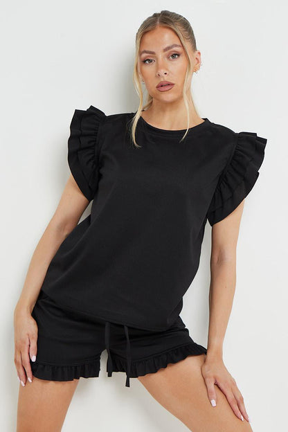 Trendy Ruffle Sleeve Loose Top & Drawstring Waist Shorts Co-ord