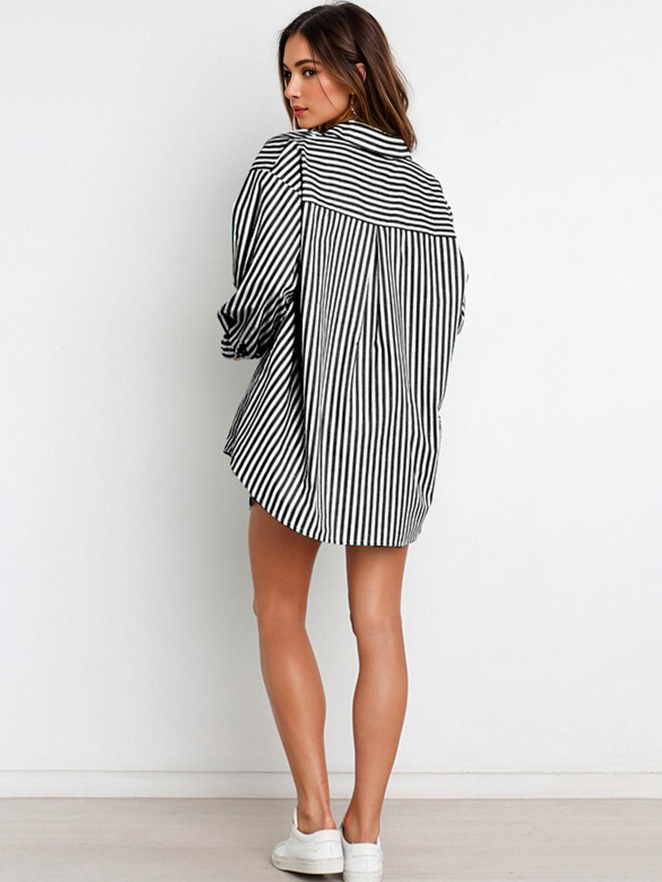 Casual Stripe Collared Button-Up Long Sleeve Shirt & Drawstring Waist Shorts Co-ord