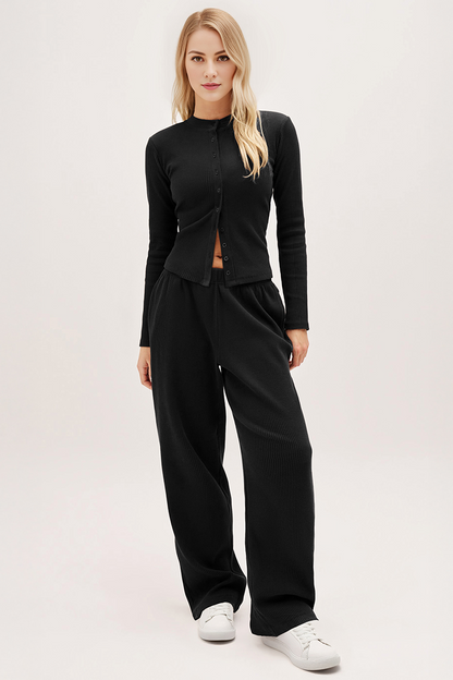 Minimalist Solid Button-Up Top & Wide-Leg Trousers Co-ord