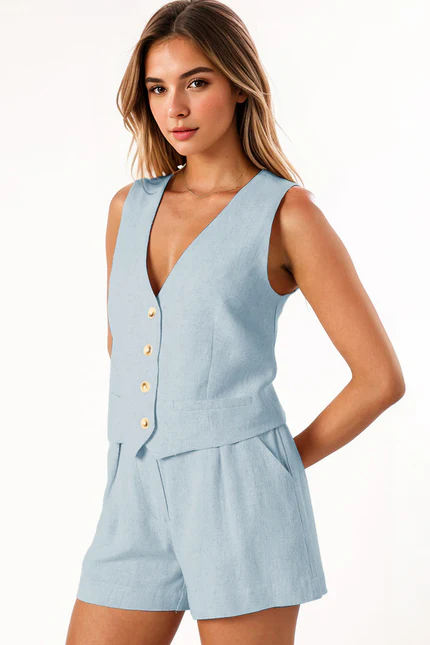 Casual V Neck Button Tank & Wide Leg Shorts Co-ord