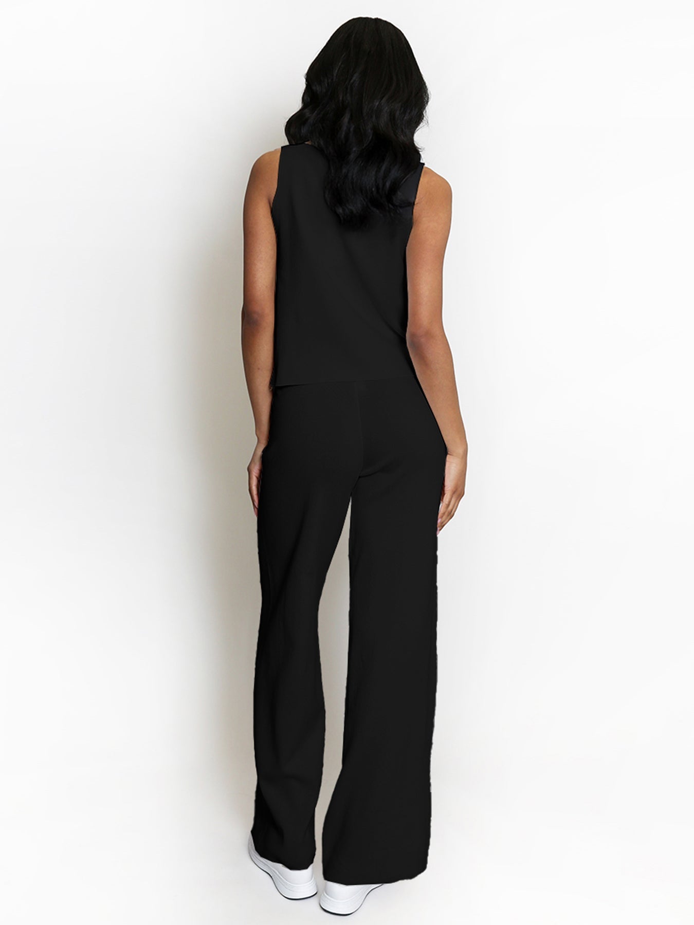 Minimalist Solid V-Neck Button Tank Top & Wide-Leg Trousers Co-ord