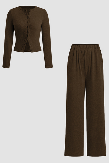 Minimalist Solid Button-Up Top & Wide-Leg Trousers Co-ord