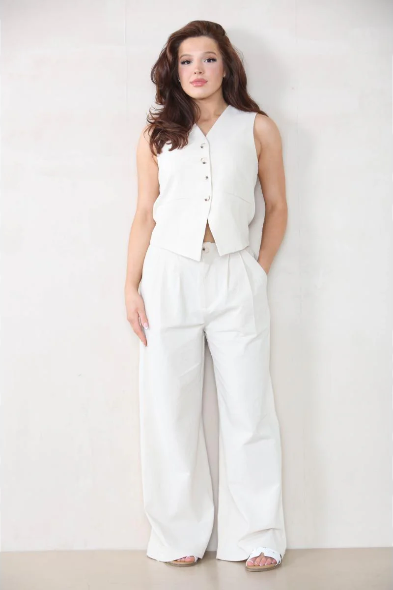 Commuter V Neck Sleeveless Button Top & Wide Leg Trousers Co-ord