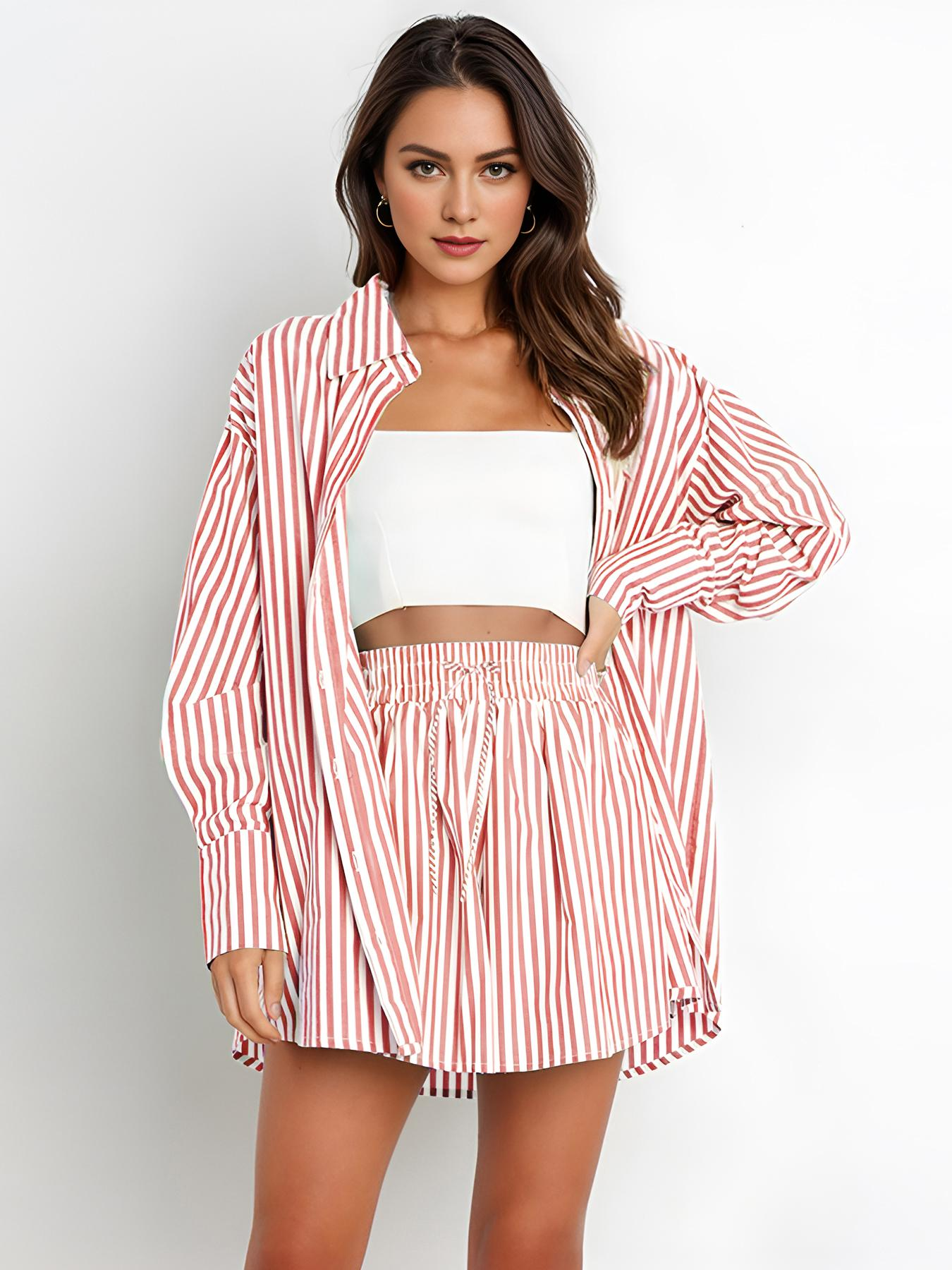 Casual Stripe Collared Button-Up Long Sleeve Shirt & Drawstring Waist Shorts Co-ord
