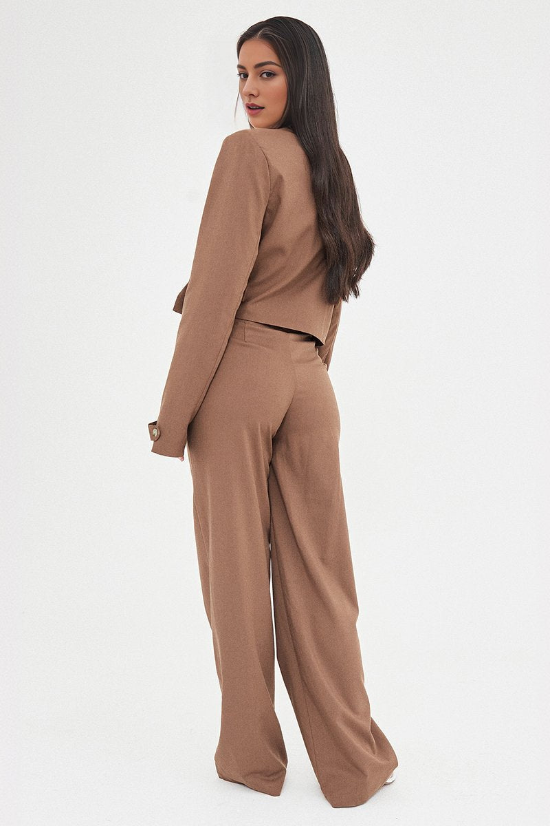 Casual Deep V Button Cropped Blazer & Loose Trousers Co-ord