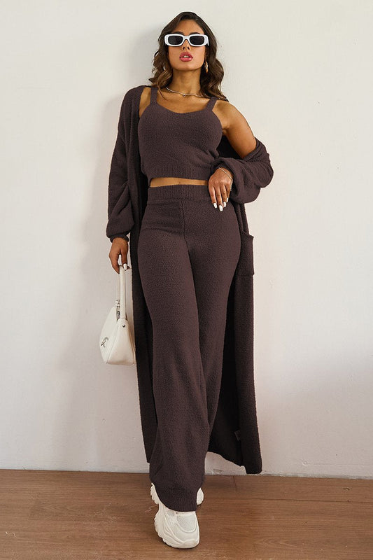 Cozy Fur Camisole & High Waist Trousers With Long Cardigan Three-Piece Set