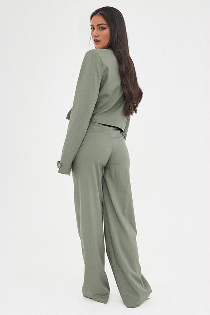 Casual Deep V Button Cropped Blazer & Loose Trousers Co-ord