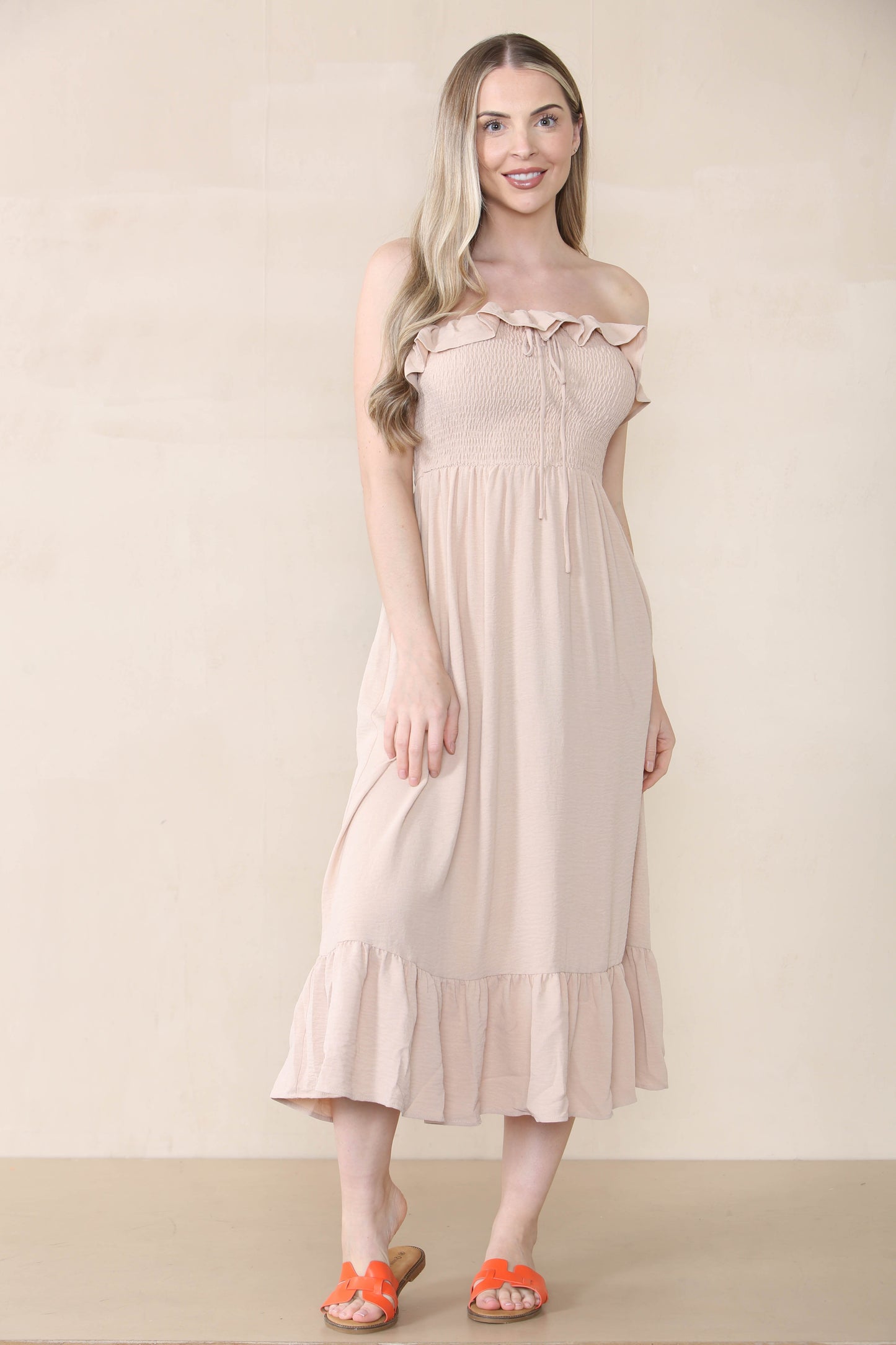 Lovely Plain Sleeveless Frill Front Tie Pleated Maxi Dress