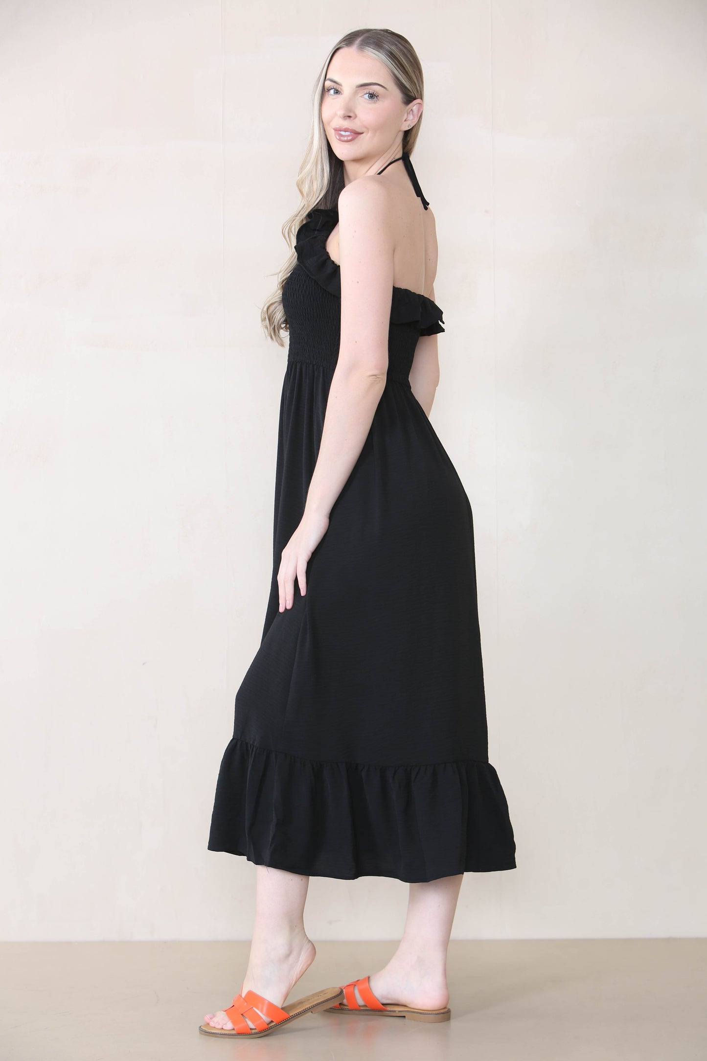 Lovely Plain Sleeveless Frill Front Tie Pleated Maxi Dress