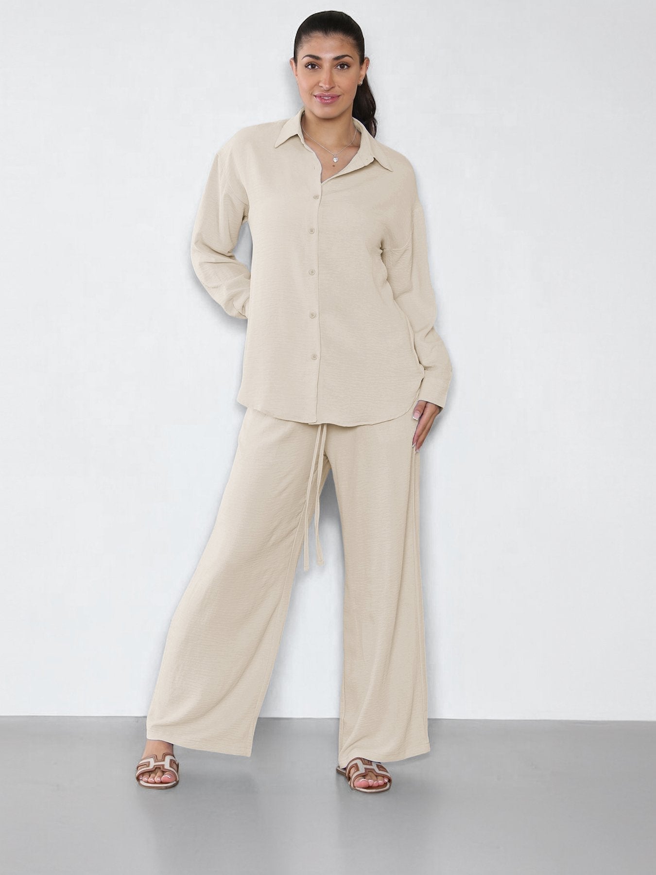 Leisure Plain Collared Long Sleeve Button Up Loose Shirt & Drawstring Wide Leg Trousers Co-ord