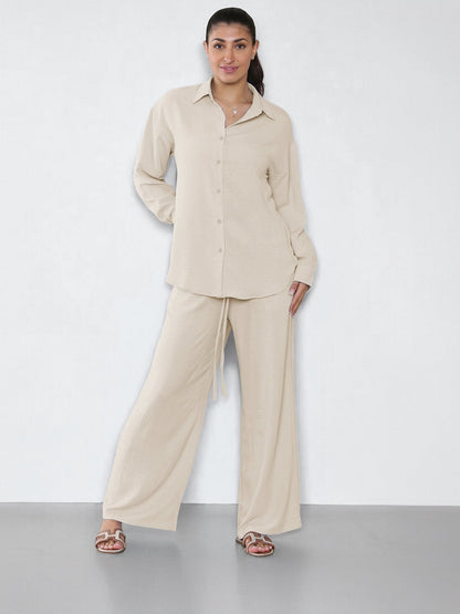 Leisure Plain Collared Long Sleeve Button Up Loose Shirt & Drawstring Wide Leg Trousers Co-ord
