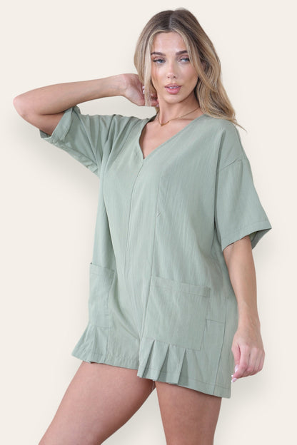Casual Plain V Neck Half Sleeve Pocket Loose Playsuit