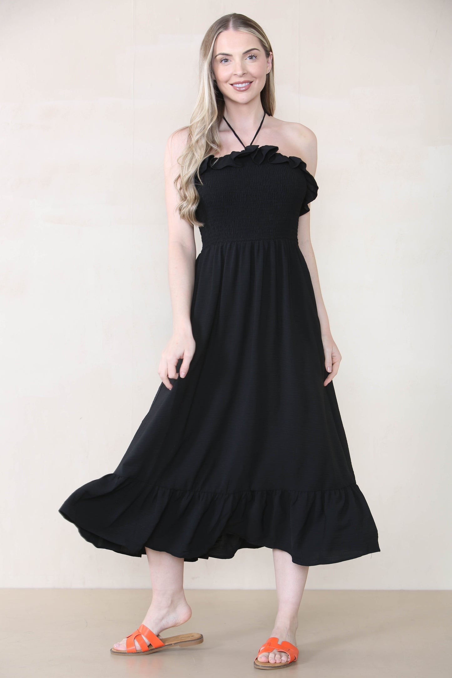 Lovely Plain Sleeveless Frill Front Tie Pleated Maxi Dress