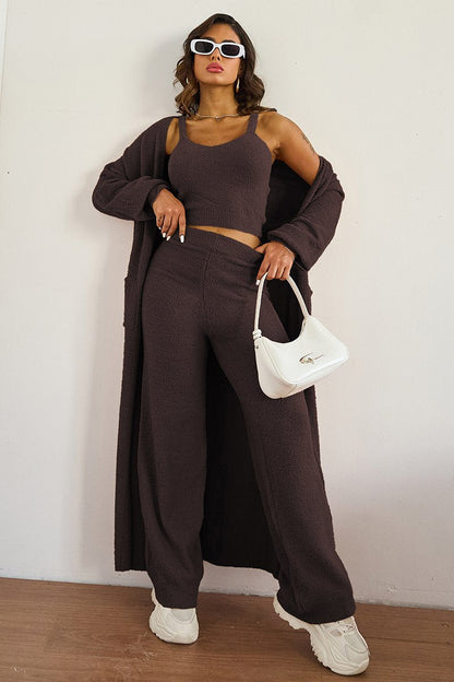 Cozy Fur Camisole & High Waist Trousers With Long Cardigan Three-Piece Set