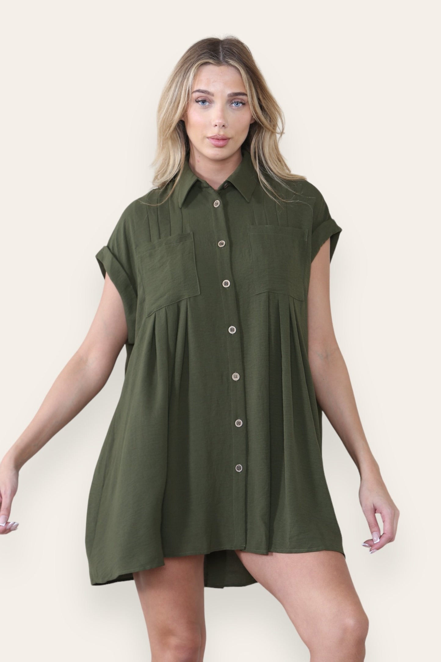 Leisure Collared Short Sleeve Button-Up Ruched Shirtdress