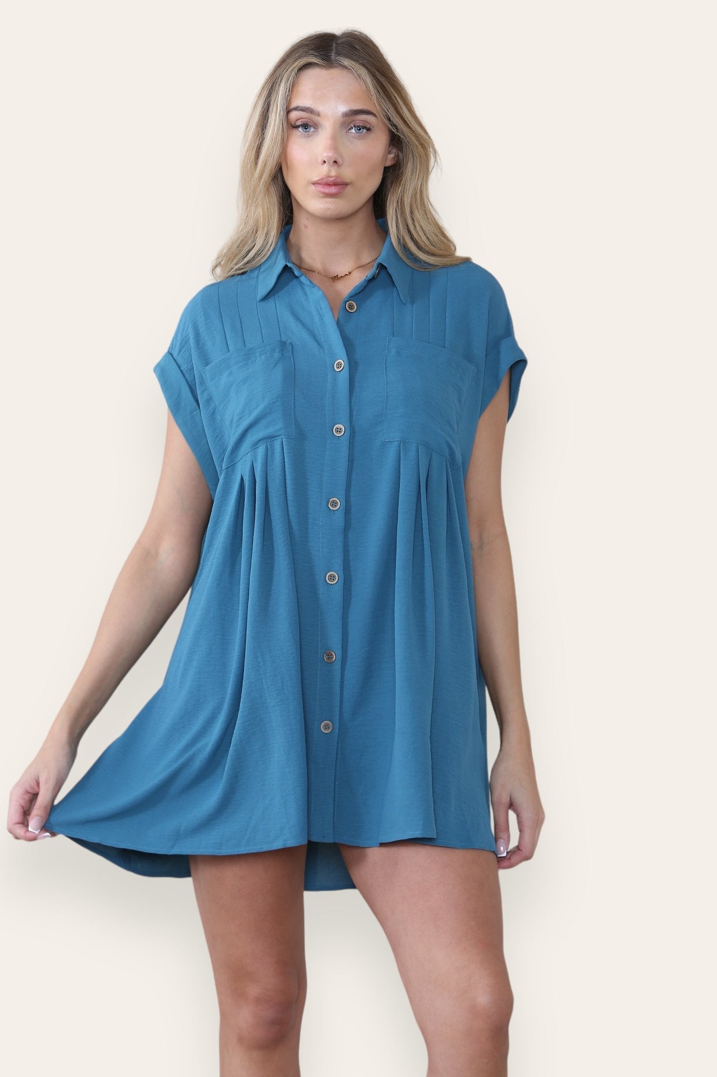 Leisure Collared Short Sleeve Button-Up Ruched Shirtdress