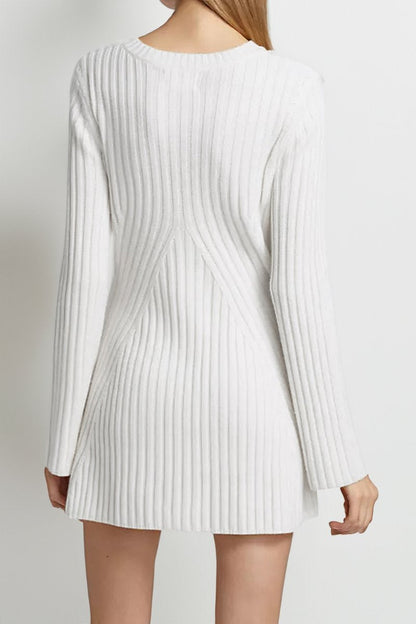 Versatile Knit Crew Neck Cuff Slit Rib Slim Sweater Dress