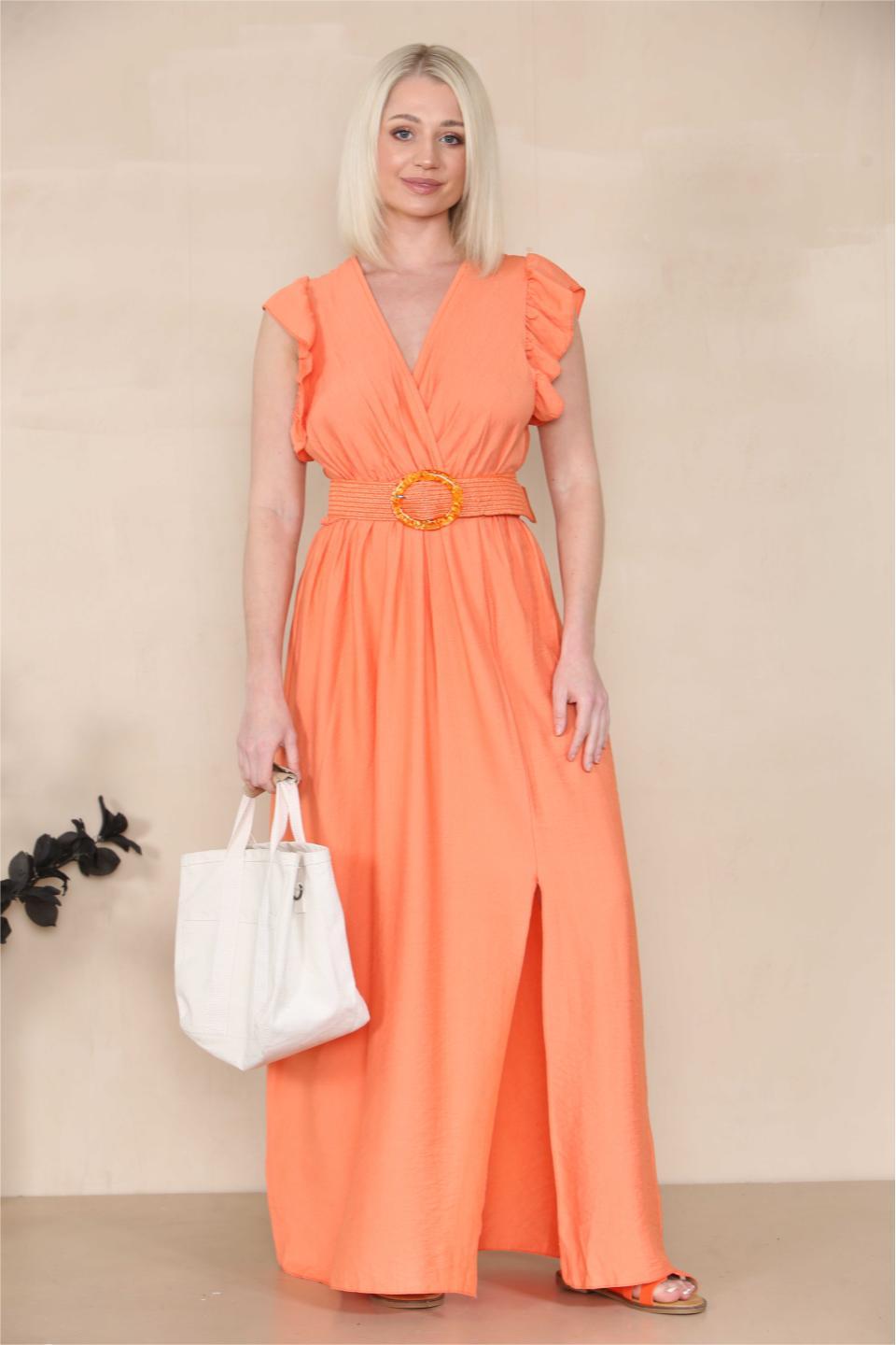 Elegant Solid V Neck Puff Sleeve Tie-Up Slit Maxi Dress