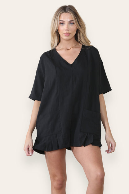 Casual Plain V Neck Half Sleeve Pocket Loose Playsuit