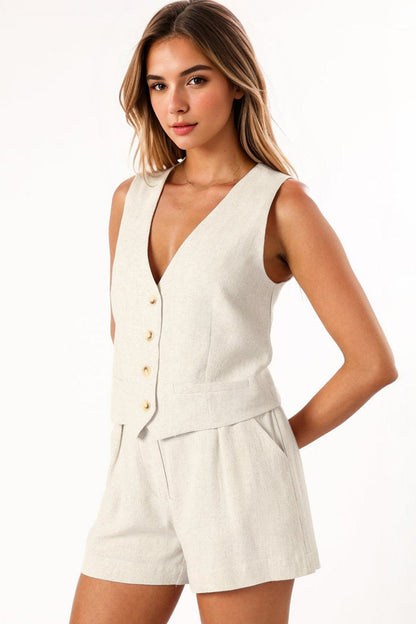 Casual V Neck Button Tank & Wide Leg Shorts Co-ord