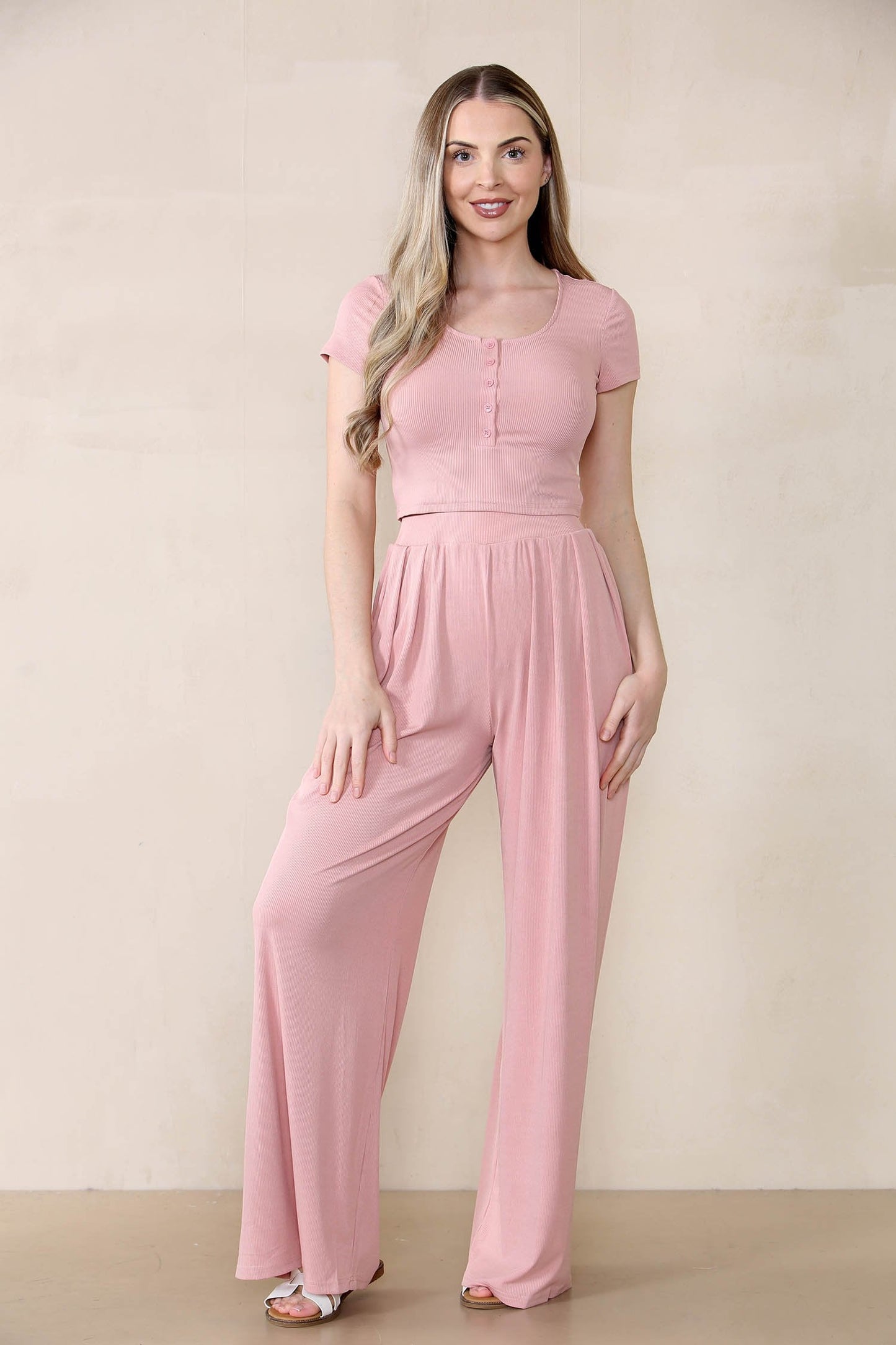 Casual Partial Button Slim Top & Wide Leg Trousers Co-ord