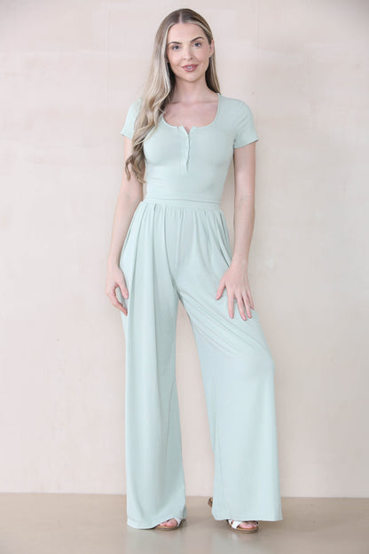 Casual Partial Button Slim Top & Wide Leg Trousers Co-ord