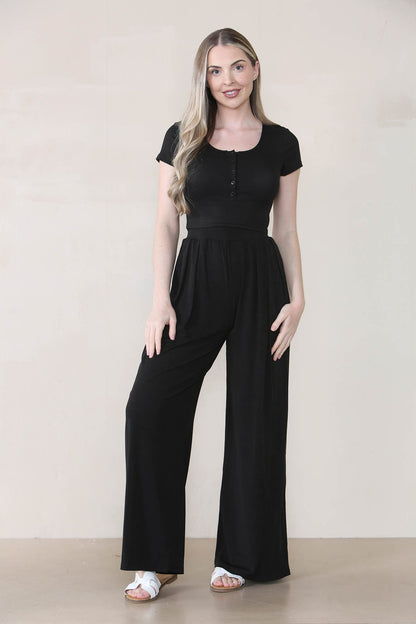 Casual Partial Button Slim Top & Wide Leg Trousers Co-ord
