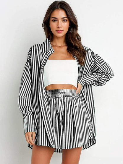 Casual Stripe Collared Button-Up Long Sleeve Shirt & Drawstring Waist Shorts Co-ord