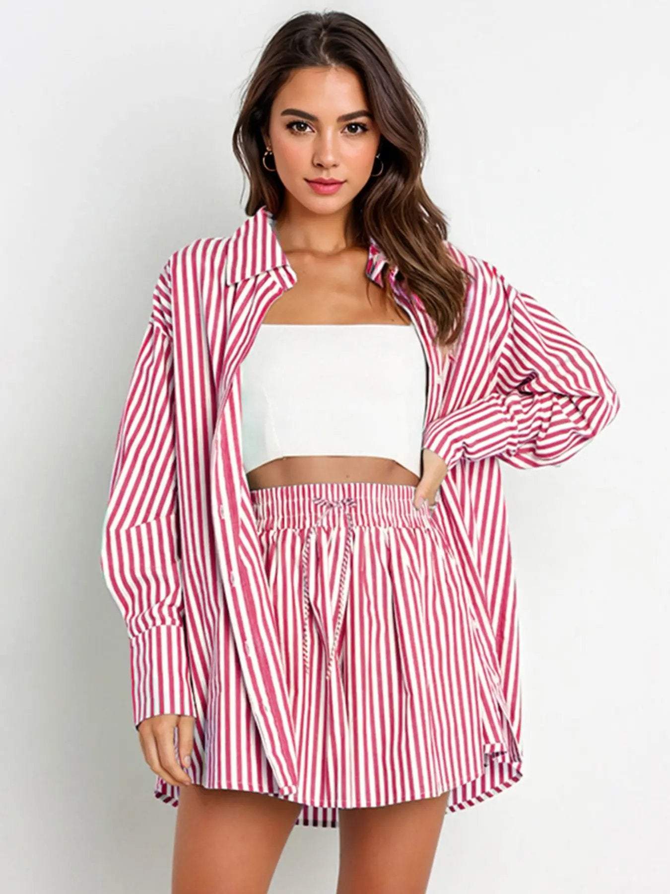 Casual Stripe Collared Button-Up Long Sleeve Shirt & Drawstring Waist Shorts Co-ord