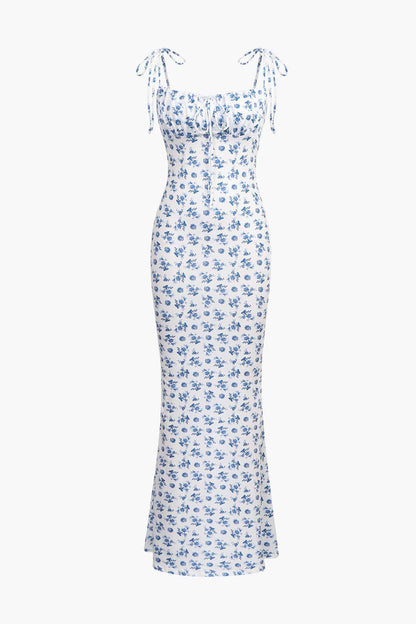 Breezy Adjustable Strap Floral Print Tie-Up Slinky Maxi Dress