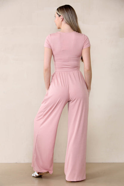 Casual Partial Button Slim Top & Wide Leg Trousers Co-ord
