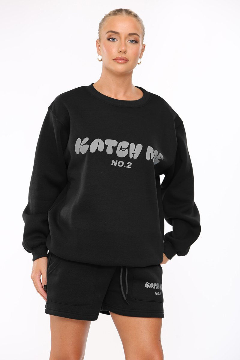 Black Letter-Print Crewneck Sweatshirt & Drawstring-Shorts 2-Piece Set