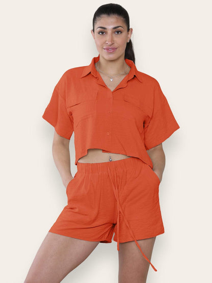Versatile Solid Collared Flap Pocket Short Sleeve Shirt & Drawstring Waist Shorts Co-ord