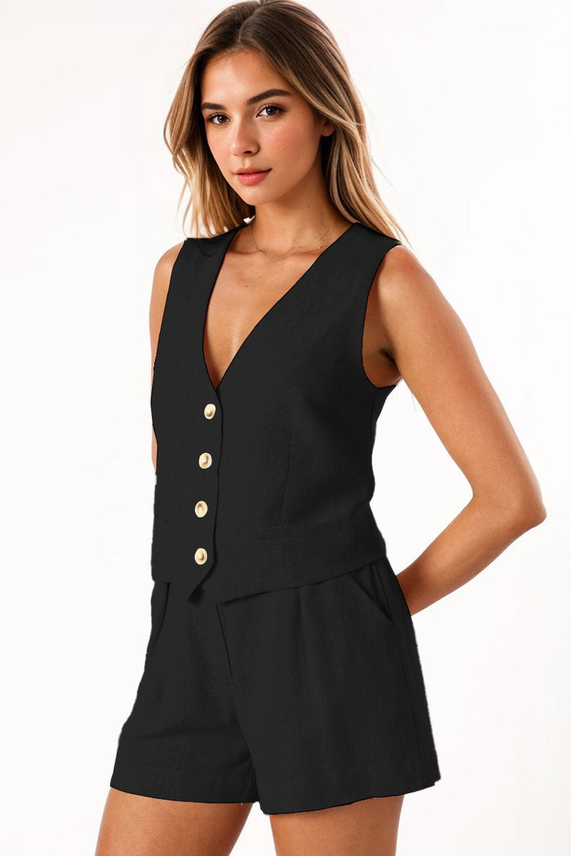 Casual V Neck Button Tank & Wide Leg Shorts Co-ord