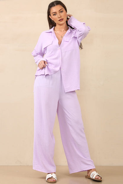 Casual Solid Flap Pocket Loose Shirt & Wide Leg Trousers Co-ord