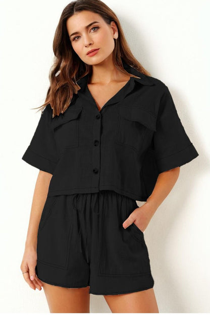 Casual Button Blouse & Drawstring Shorts Co-ord