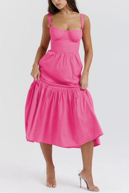 Lovely Thick Strap Pleated Pocket Slim Midi Dress