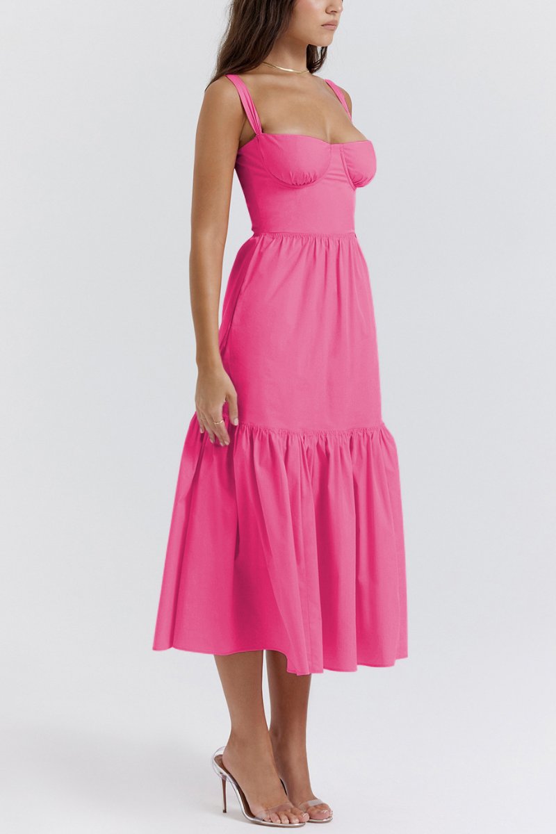 Lovely Thick Strap Pleated Pocket Slim Midi Dress